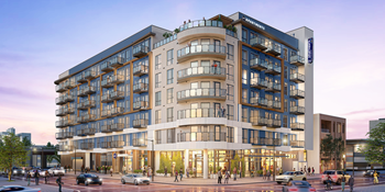 A rendering of a large building on a city street